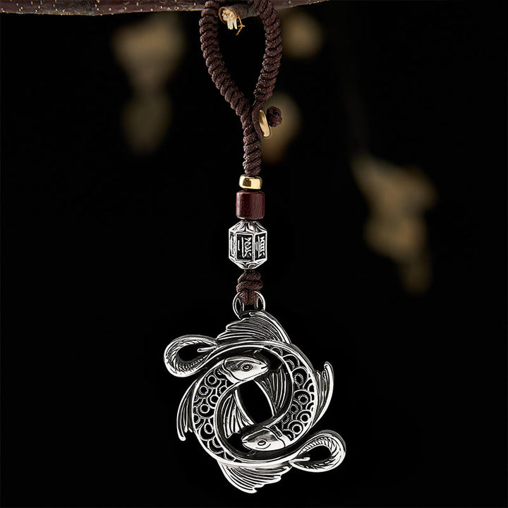 Buddha Stones Porte-clés vintage en cuivre avec double carpe koï et breloque de détermination - image 1