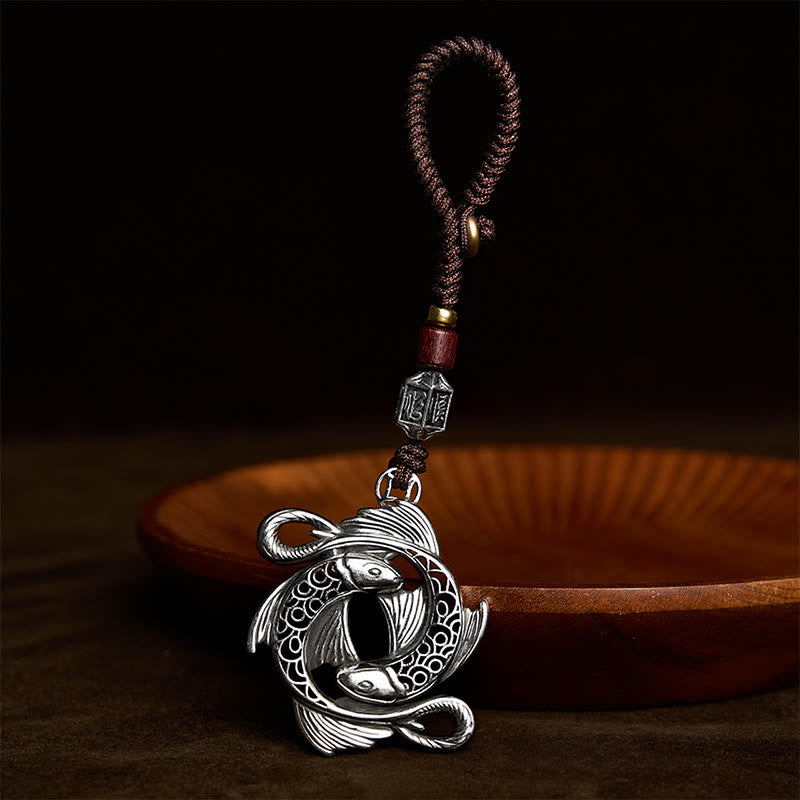 Buddha Stones Porte-clés vintage en cuivre avec double carpe koï et breloque de détermination - Poisson Koi double - image 0