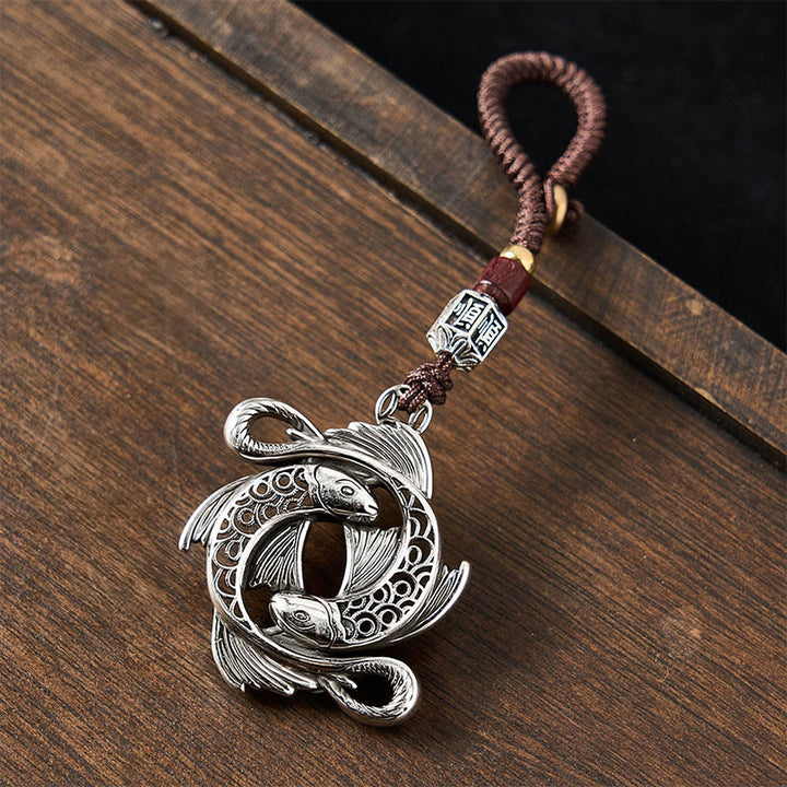 Buddha Stones Porte-clés vintage en cuivre avec double carpe koï et breloque de détermination - image 2