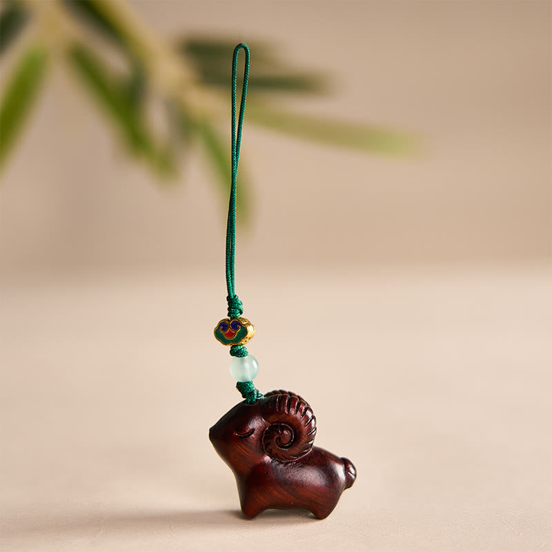 Buddha Stones Porte-clés chèvre en bois de santal sculpté à la main - Rouge foncé - image 14