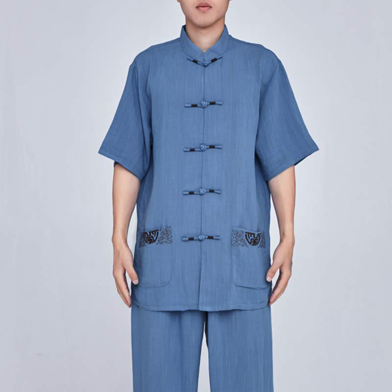 Ensemble de vêtements unisexe brodés Buddha Stones, méditation, prière zen, Tai Chi spirituel, Qigong - Manches courtes, broderie bleue - US14，UK/AU18，EU46 (3XL) - image 26
