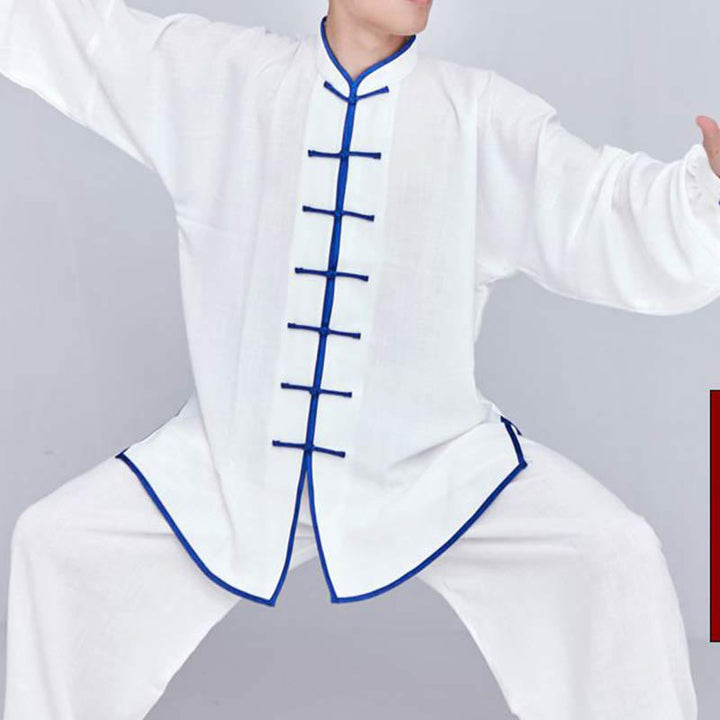 Ensemble de vêtements unisexe brodés Buddha Stones, méditation, prière zen, Tai Chi spirituel, Qigong - manches longues blanches à bordure bleue - US14，UK/AU18，EU46 (3XL) - image 7
