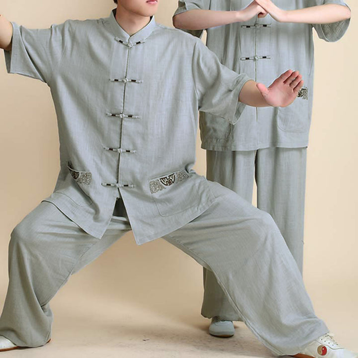 Ensemble de vêtements unisexe brodés Buddha Stones, méditation, prière zen, Tai Chi spirituel, Qigong - Manches courtes grises brodées - US12，UK/AU16，EU44 (2XL) - image 23