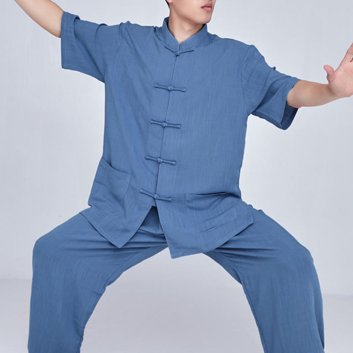 Ensemble de vêtements unisexe brodés Buddha Stones, méditation, prière zen, Tai Chi spirituel, Qigong - Manches courtes bleues - US14，UK/AU18，EU46 (3XL) - image 28