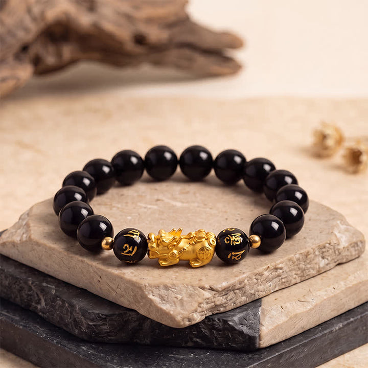 Buddha Stones Bracelet de purification Pi Xiu Om Mani Padme Hum en calcédoine d'obsidienne noire - Obsidienne noire (Protection ♥ Ancrage) - image 0