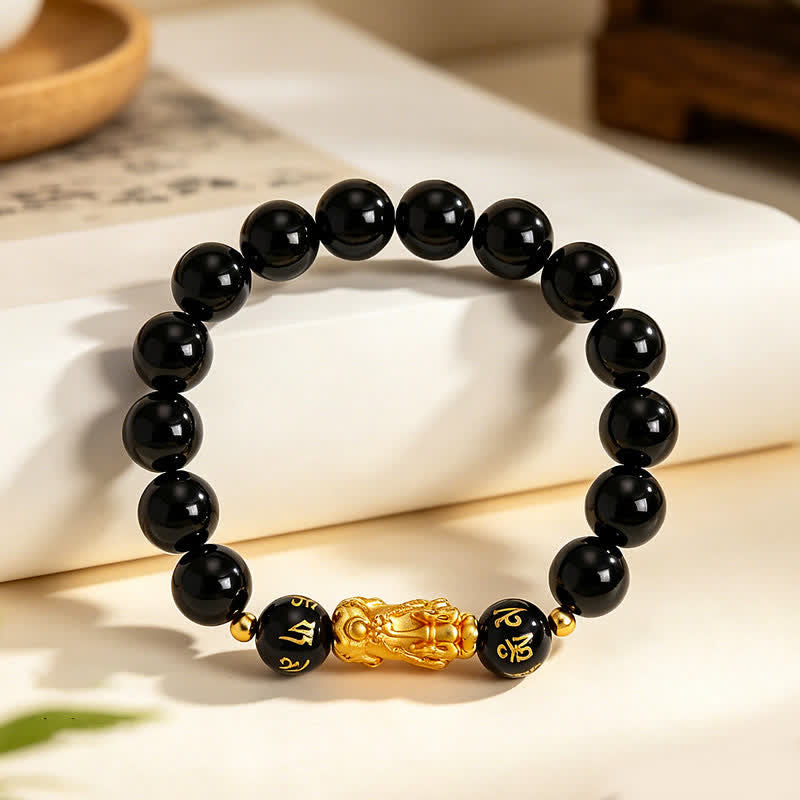 Buddha Stones Bracelet de purification Pi Xiu Om Mani Padme Hum en calcédoine d'obsidienne noire - image 1