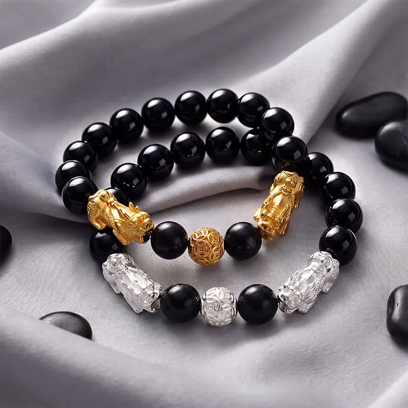 Buddha Stones Bracelet de sagesse en cuivre et obsidienne noire, double Pi Xiu Om Mani Padme Hum - image 16