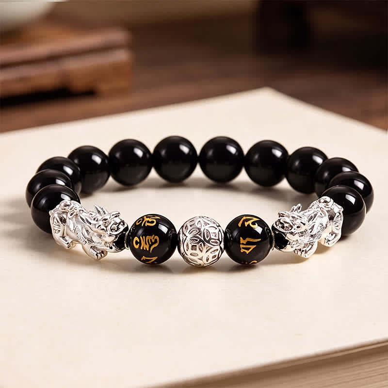 Buddha Stones Bracelet de sagesse en cuivre et obsidienne noire, double Pi Xiu Om Mani Padme Hum - Argenté - image 9