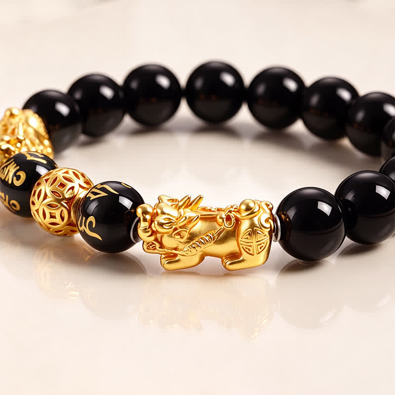 Buddha Stones Bracelet de sagesse en cuivre et obsidienne noire, double Pi Xiu Om Mani Padme Hum - image 2