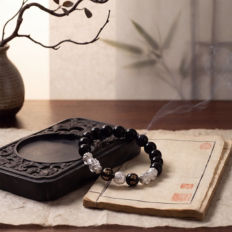 Buddha Stones Bracelet de sagesse en cuivre et obsidienne noire, double Pi Xiu Om Mani Padme Hum - image 12