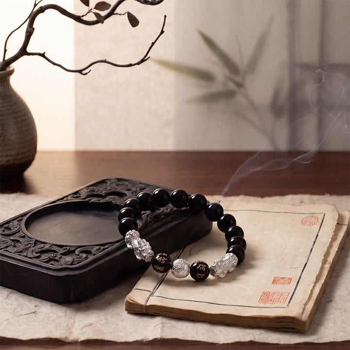 Buddha Stones Bracelet de sagesse en cuivre et obsidienne noire, double Pi Xiu Om Mani Padme Hum - image 12