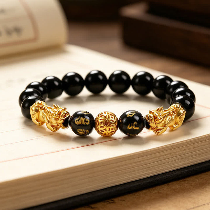 Buddha Stones Bracelet de sagesse en cuivre et obsidienne noire, double Pi Xiu Om Mani Padme Hum - Doré - image 0