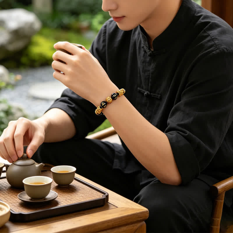 Buddha Stones Bracelet de sagesse en cuivre et obsidienne noire, double Pi Xiu Om Mani Padme Hum - image 3