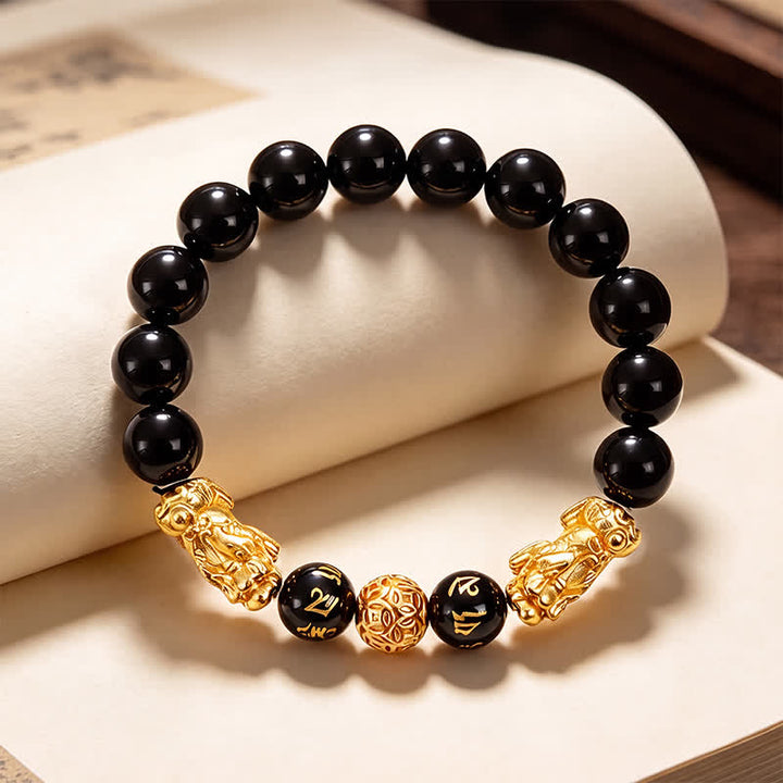 Buddha Stones Bracelet de sagesse en cuivre et obsidienne noire, double Pi Xiu Om Mani Padme Hum - image 1