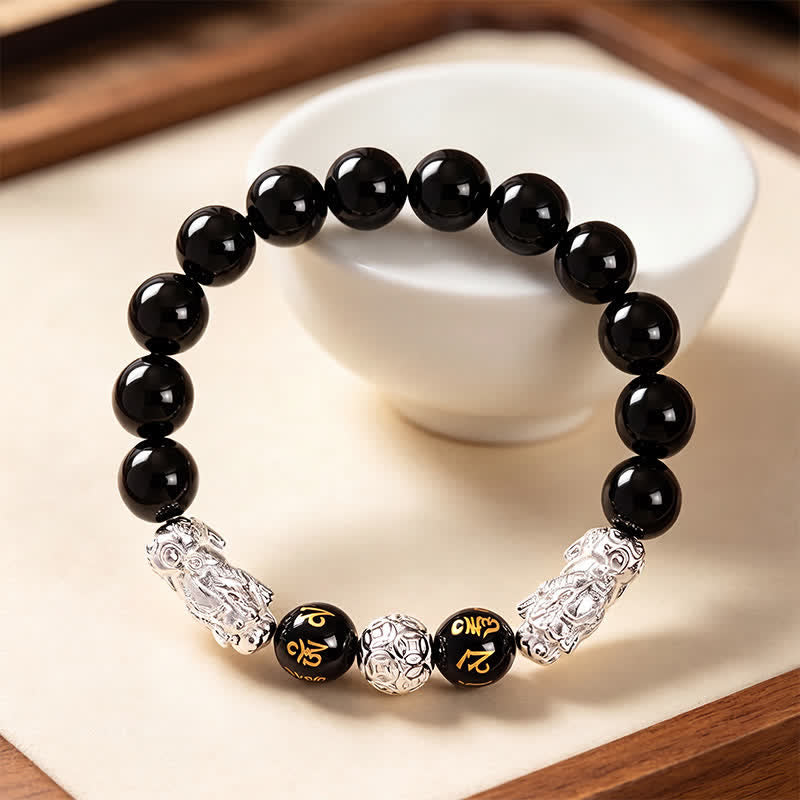 Buddha Stones Bracelet de sagesse en cuivre et obsidienne noire, double Pi Xiu Om Mani Padme Hum - image 11