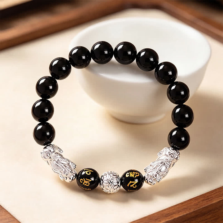 Buddha Stones Bracelet de sagesse en cuivre et obsidienne noire, double Pi Xiu Om Mani Padme Hum - image 11