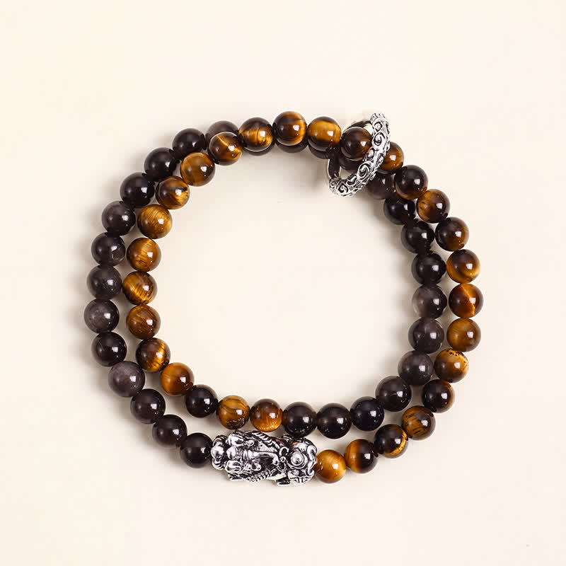 Buddha Stones Bracelet Pi Xiu double tour en obsidienne œil de tigre argentée et brillante, symbole de bon augure - Pi Xiu argenté à œil de tigre - image 4