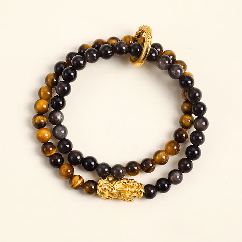 Buddha Stones Bracelet Pi Xiu double tour en obsidienne œil de tigre argentée et brillante, symbole de bon augure - Pi Xiu en or œil de tigre - image 2