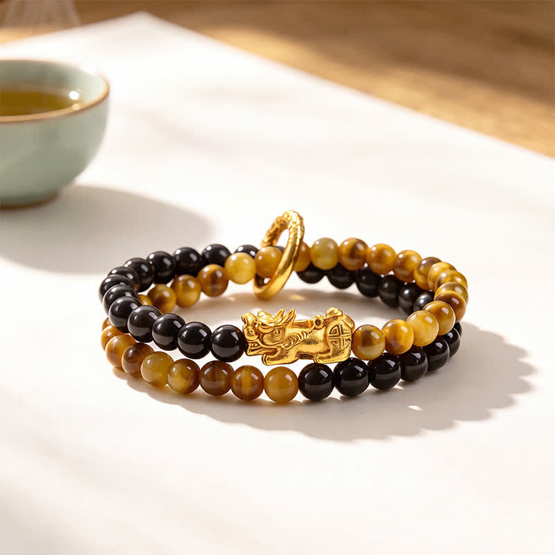 Buddha Stones Bracelet Pi Xiu double tour en obsidienne œil de tigre argentée et brillante, symbole de bon augure - Œil de tigre jaune Pi Xiu doré - image 0