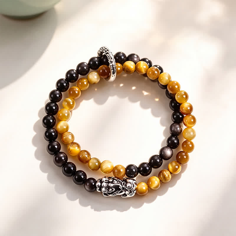 Buddha Stones Bracelet Pi Xiu double tour en obsidienne œil de tigre argentée et brillante, symbole de bon augure - Œil de tigre jaune Pi Xiu argenté - image 3