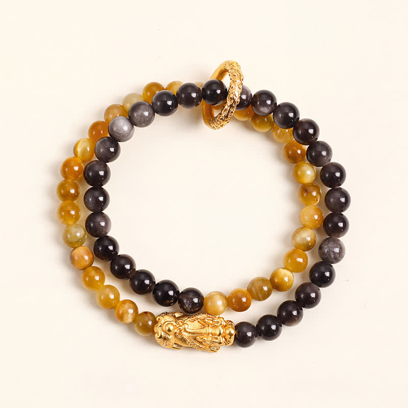 Buddha Stones Bracelet Pi Xiu double tour en obsidienne œil de tigre argentée et brillante, symbole de bon augure - image 1