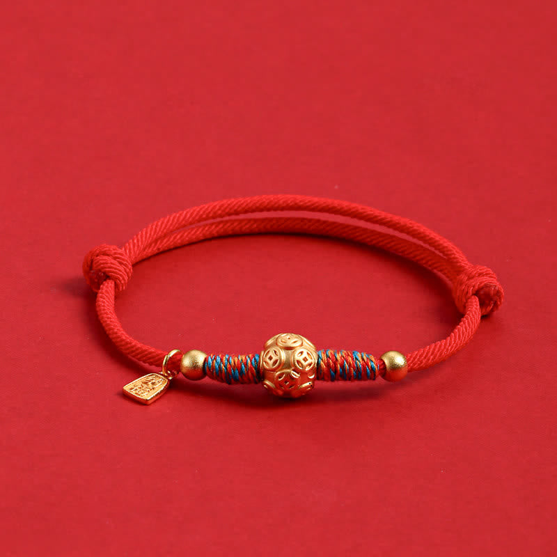 Buddha Stones Bracelet de protection tissé à la main en argent sterling 999 avec cordon rouge - Pièce de monnaie chinoise dorée, cordon rouge - image 1