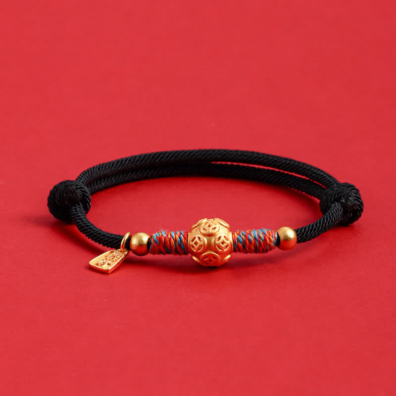 Buddha Stones Bracelet de protection tissé à la main en argent sterling 999 avec cordon rouge - Pièce de monnaie chinoise dorée, cordon noir - image 16