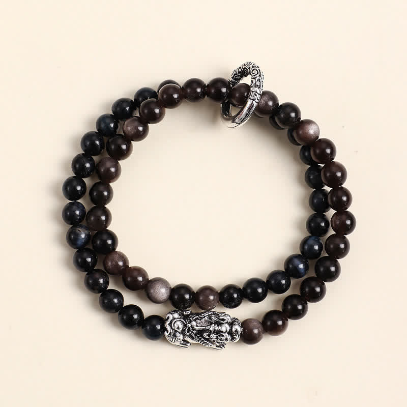 Buddha Stones Bracelet Pi Xiu double tour en obsidienne œil de tigre argentée et brillante, symbole de bon augure - Œil de tigre bleu Pi Xiu argenté - image 9