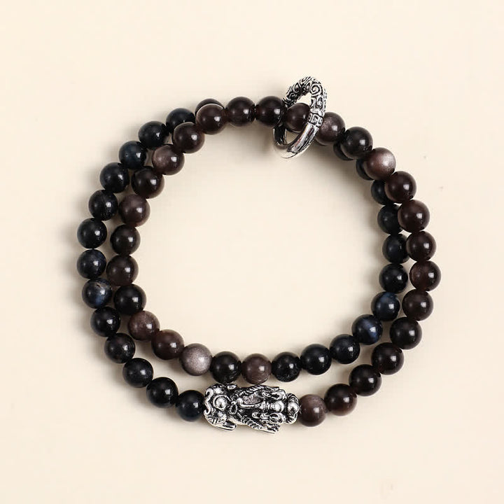 Buddha Stones Bracelet Pi Xiu double tour en obsidienne œil de tigre argentée et brillante, symbole de bon augure - Œil de tigre bleu Pi Xiu argenté - image 9