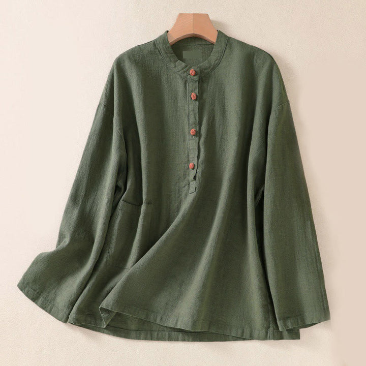 Chemise à manches longues pour femme, col rond, boutons, motif Buddha Stones , avec poches - Vert foncé - US8-10，UK/AU12-14，EU40-42 (2XL) - image 0
