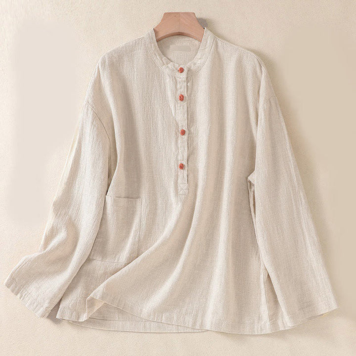 Chemise à manches longues pour femme, col rond, boutons, motif Buddha Stones , avec poches - soie de maïs - US8-10，UK/AU12-14，EU40-42 (2XL) - image 16