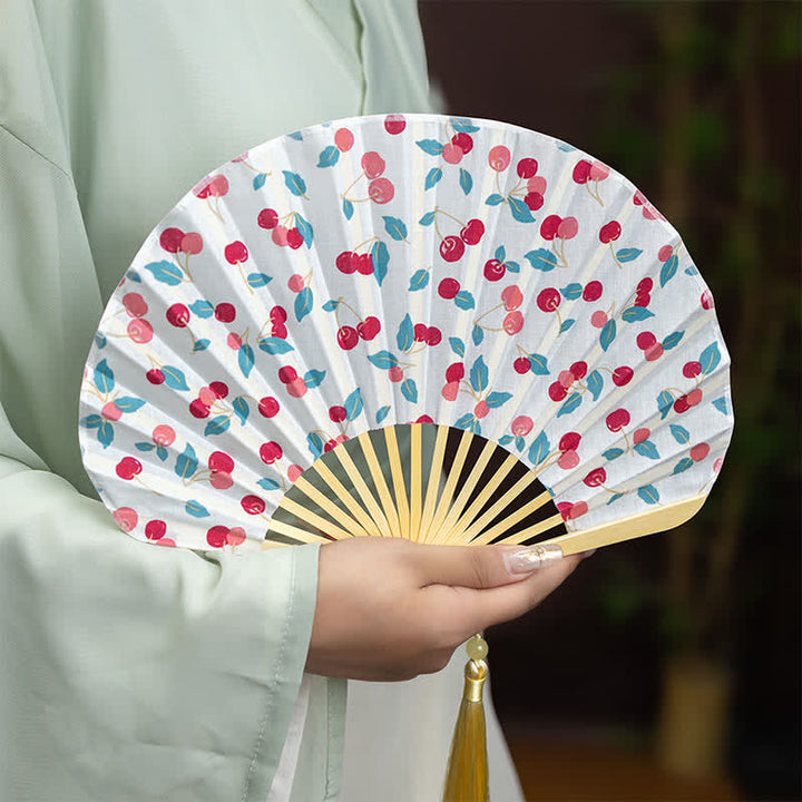 Buddha Stones Éventail pliant à pompon imprimé floral et fruité en bambou - image 6