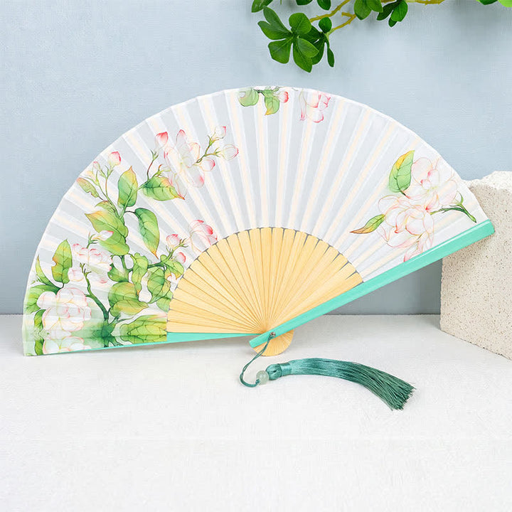 Buddha Stones Ventilateur pliable portatif en bambou, papillon, oiseau et fleurs de lotus - Fleurs de magnolia - image 0