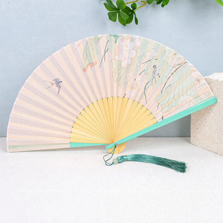 Buddha Stones Ventilateur pliable portatif en bambou, papillon, oiseau et fleurs de lotus - Fleurs de lotus - image 2