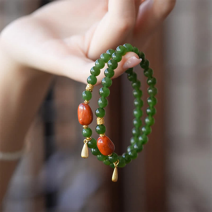Buddha Stones Bracelet porte-bonheur en jade Hetian vert épinard et agate rouge - image 2