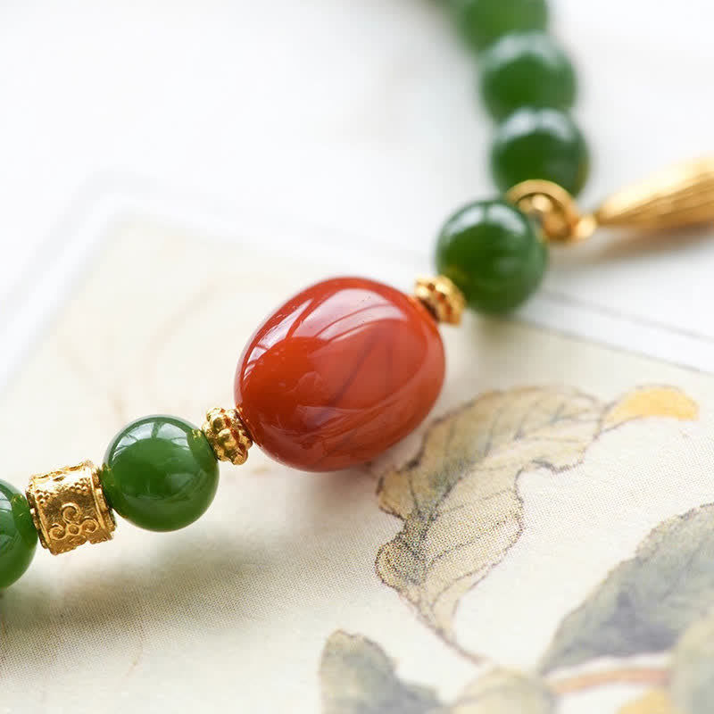 Buddha Stones Bracelet porte-bonheur en jade Hetian vert épinard et agate rouge - image 12
