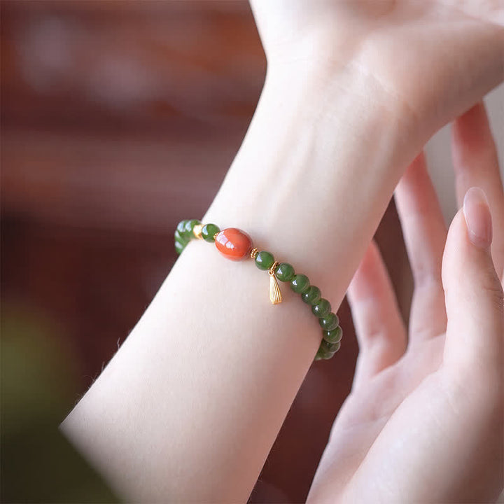 Buddha Stones Bracelet porte-bonheur en jade Hetian vert épinard et agate rouge - image 10