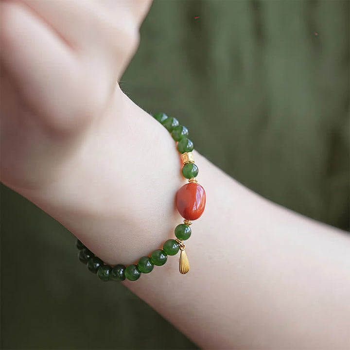 Buddha Stones Bracelet porte-bonheur en jade Hetian vert épinard et agate rouge - image 11