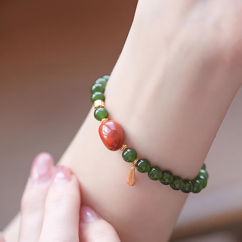 Buddha Stones Bracelet porte-bonheur en jade Hetian vert épinard et agate rouge - image 3