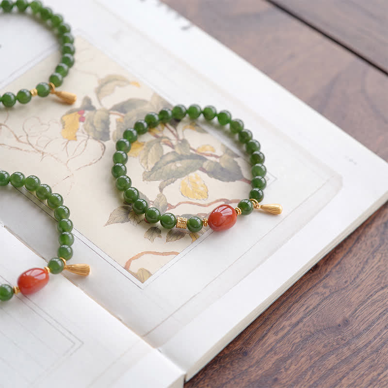 Buddha Stones Bracelet porte-bonheur en jade Hetian vert épinard et agate rouge - image 1