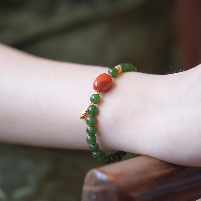 Buddha Stones Bracelet porte-bonheur en jade Hetian vert épinard et agate rouge - image 4