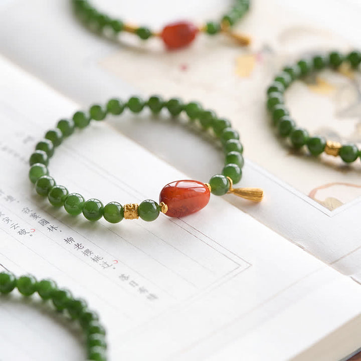 Buddha Stones Bracelet porte-bonheur en jade Hetian vert épinard et agate rouge - Jade naturel (Tour de poignet : 14–15 cm) - image 0