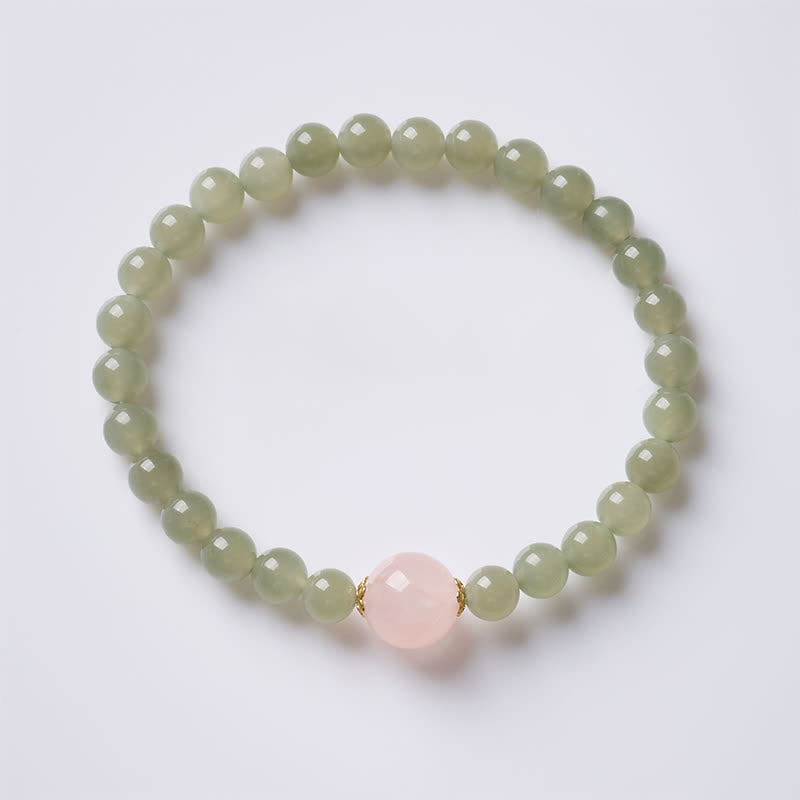 Buddha Stones Bracelet harmonieux en quartz rose et jade, style chinois moderne - Quartz rose jade (Tour de poignet : 14–15 cm) - image 0