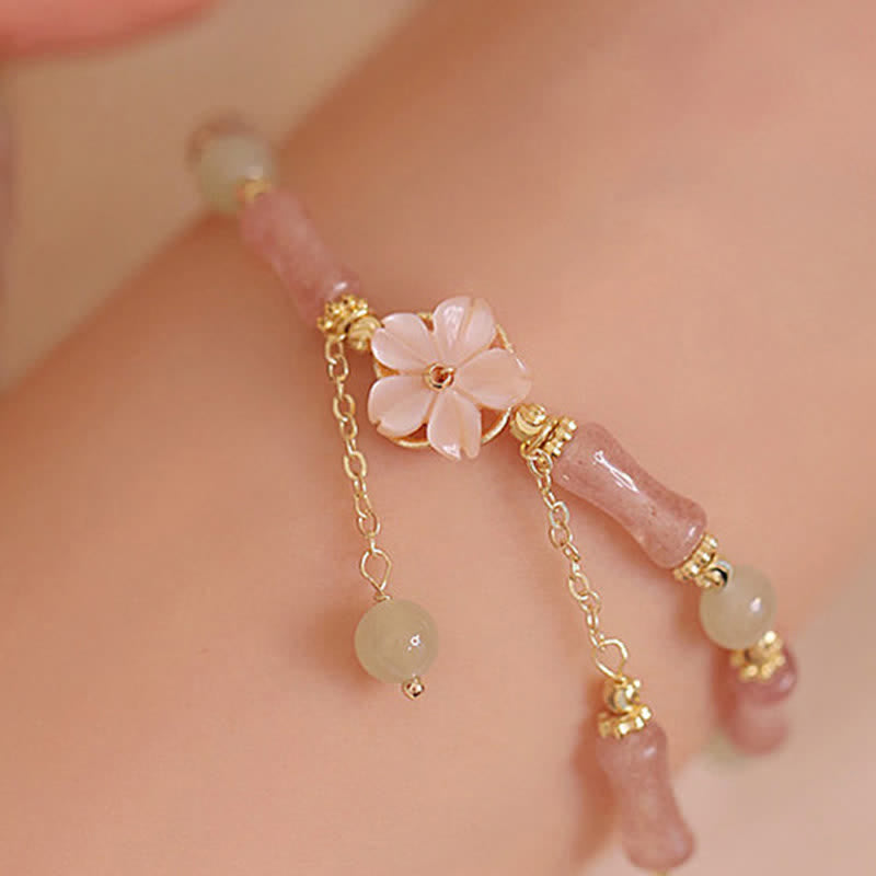 Buddha Stones Bracelet romantique en quartz fraise et bambou Hetian Jade Hetian - Bracelet en quartz fraise et bambou (Tour de poignet : 13–17 cm) - image 0
