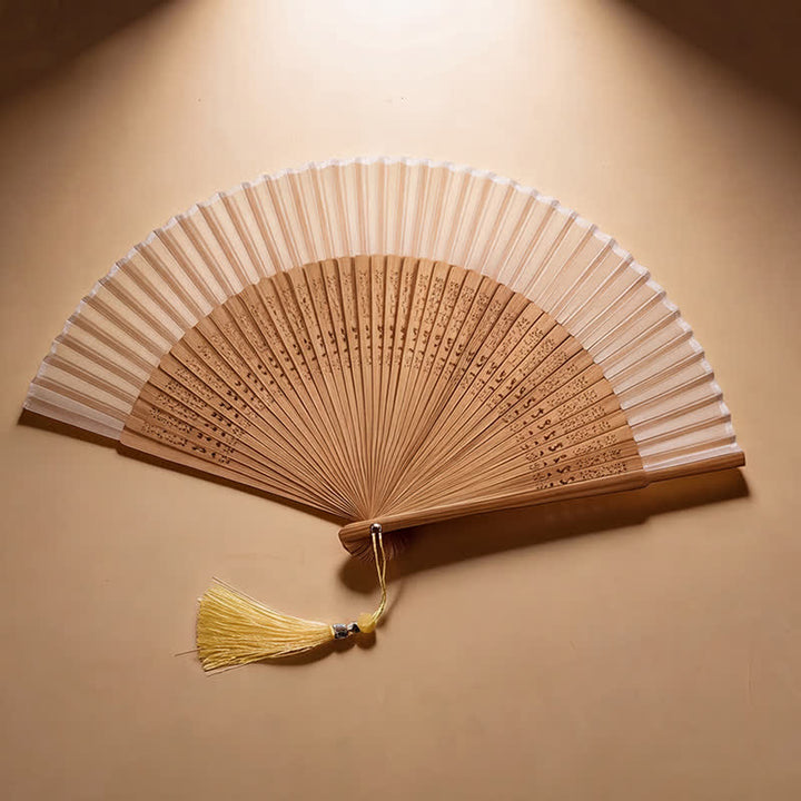 Buddha Stones Ventilateur pliant bicolore en bambou de style oriental - Beige (pompon offert) - image 7