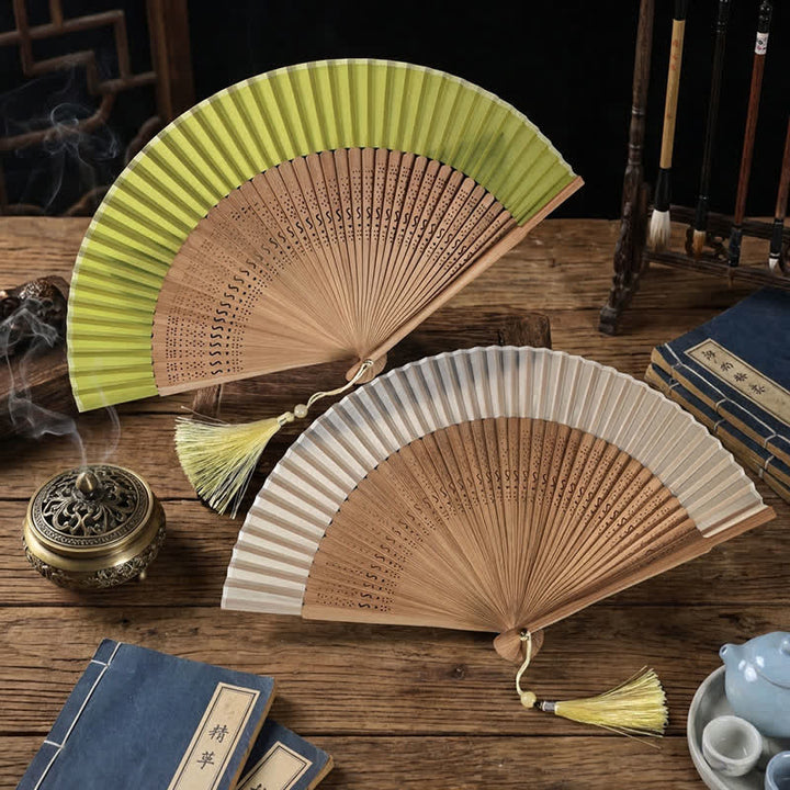 Buddha Stones Ventilateur pliant bicolore en bambou de style oriental - image 1
