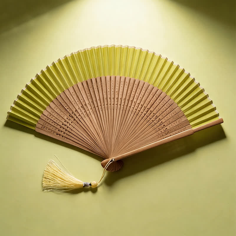 Buddha Stones Ventilateur pliant bicolore en bambou de style oriental - Vert (Pompon offert) - image 2