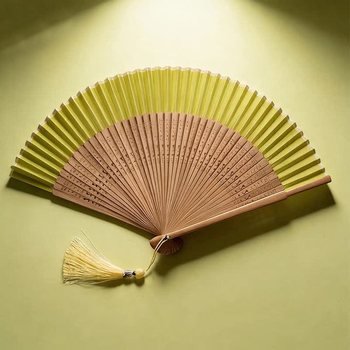Buddha Stones Ventilateur pliant bicolore en bambou de style oriental - Vert (Pompon offert) - image 2