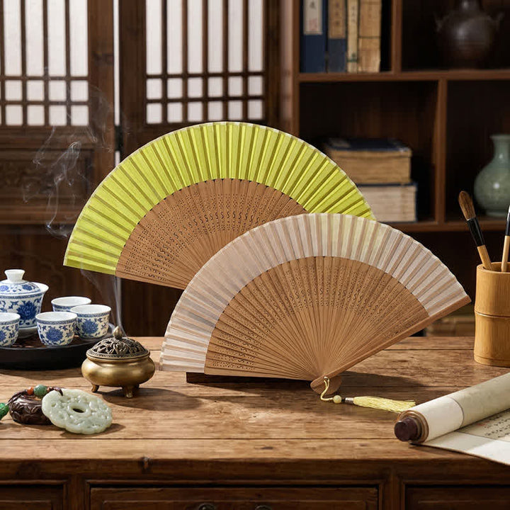 Buddha Stones Ventilateur pliant bicolore en bambou de style oriental - image 0