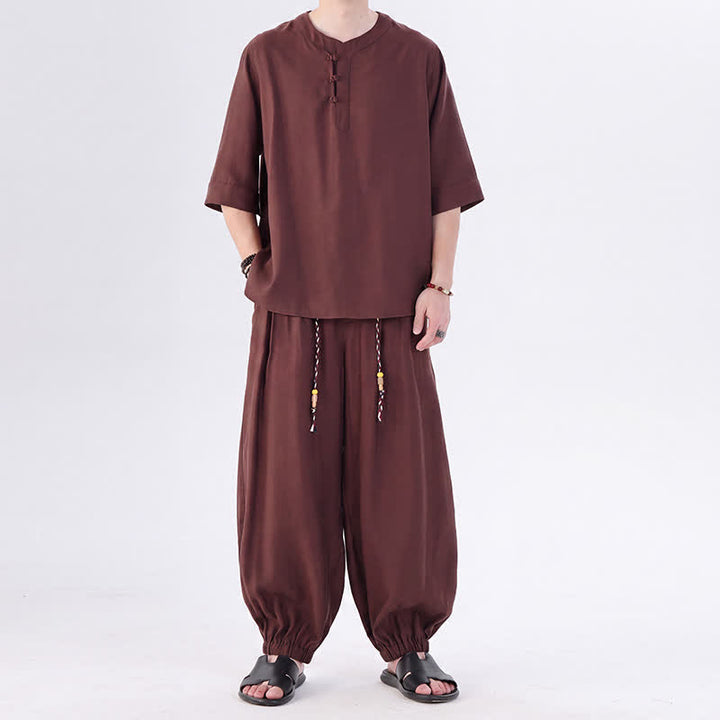 Buddha Stones Chemise et pantalon style Tang printemps-été, manches 3/4, couleur unie, avec poches, style grenouille. - image 36